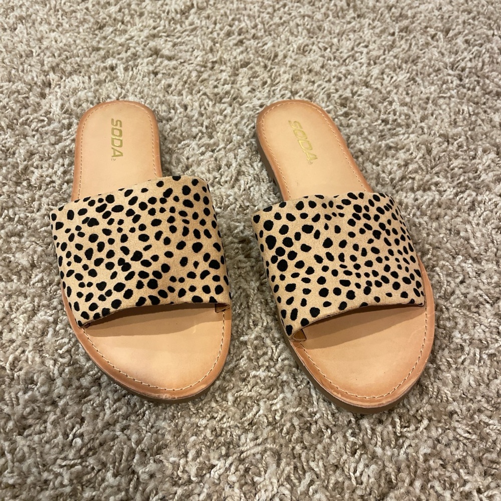 Soda Leopard Print Slide Sandals in Tan and Black